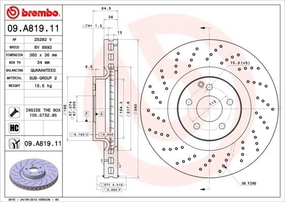 09.A819.11 диск тормозной передний перфорированный!\ MB W211/S211/R230/R172 02> 09.A819.11 BREMBO