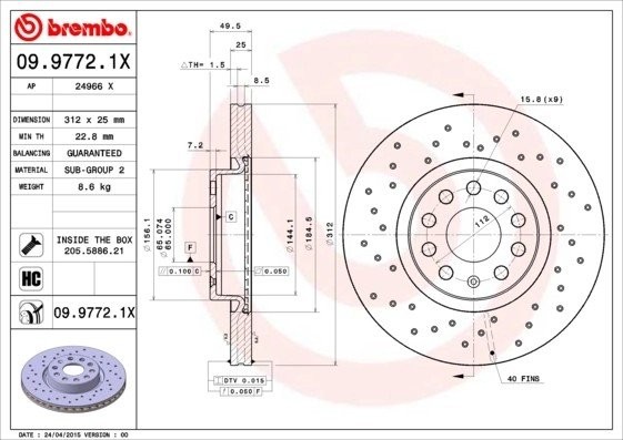 Диск тормозной AUDI A3 VW Golf 4,5 Passat,Tiguan перфорированный пер.вент. D=312 0997721X BREMBO