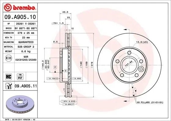 Диск тормозной 09.A905.10 09.A905.10 BREMBO