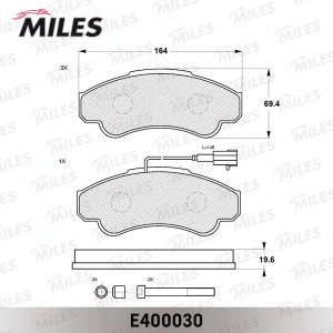 Колодки тормозные передние (болты + 1 датчик) (Смесь Low-Metallic) (FIAT DUCATO, E400030 MILES