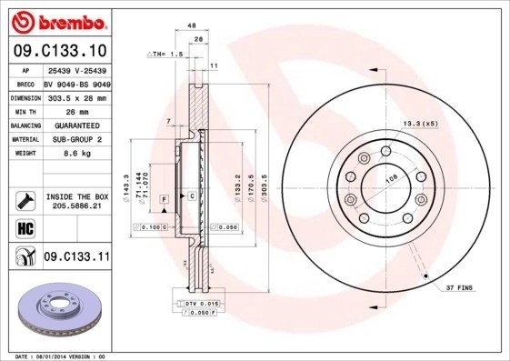 Диск тормозной 09.C133.11 09.C133.11 BREMBO