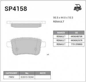 Колодки тормозные RENAULT Kangoo (08-) задние (4шт.) SANGSIN SP4158 SANGSIN