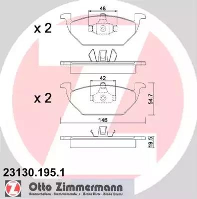 колодки дисковые !перед. 146x55x20 \ Audi A3 1.6-1.9TD 96-03, Skoda Octavia 1.4/ 23130.195.1 ZIMMERMANN