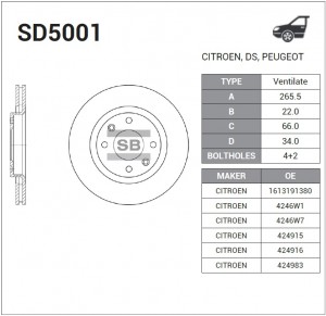 Диск тормозной CITROEN C3/C4/C5 03/BERLINGO 96/PEUGEOT 206/307/PARTNER пер. SD50 SD5001 SANGSIN