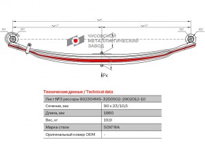 лист рессоры! №3 передняя L1860мм (4-х листовая)\ MB Actros 4140-4148 902304MS32005022902103 OMK AUTO