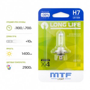Лампа 12V H7 55W PX26d +30% блистер (1шт.) Long Life MTF HLL1207B MTF