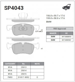 Колодки тормозные BMW 1 (F20) передние (4шт.) SANGSIN SP4043 SANGSIN
