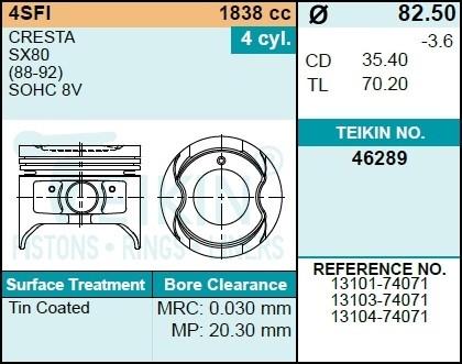 к-кт поршней! STD (4 шт.)\ Toyota Corona 1.8 4SFI 87-92 46289STD TEIKIN