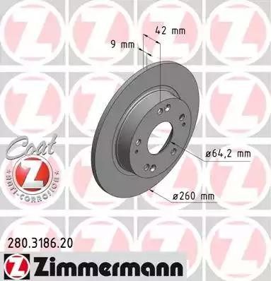 диск тормозной !задн. 260x9/42-5x114 \ Honda Civic VII 1.3/1.4/1.8/2.2CTDi 06> 280318620 ZIMMERMANN