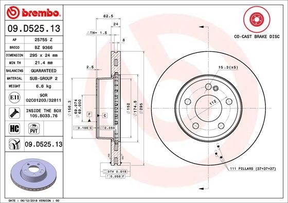 Диск тормозной 09.D525.13 09.D525.13 BREMBO