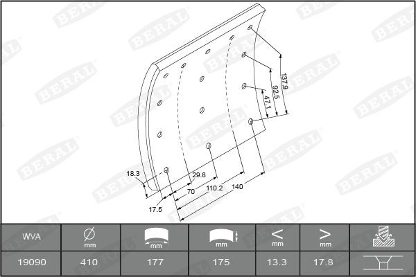 накладки тормозные STD !БЕЗ ЗАКЛ.410x175 (93680/L8.5 6.35x13.5 96) \Volvo FL7/10 KBL19090.0-1627 BERAL