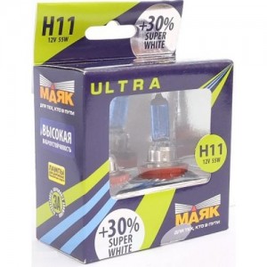 Лампа галогенная H11 12V 55W "Маяк" Super White УЛЬТРА (PGJ19-2+30%) (2 шт.) 82110 SW+30 MAYAK