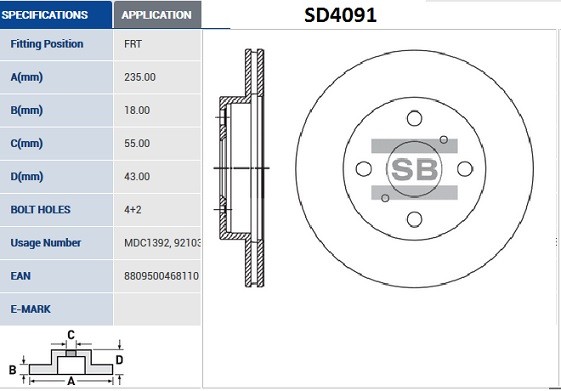 Диск тормозной TOYOTA YARIS 1.0-1.4 99- передний вент.D 235мм. SD4091 SD4091 SANGSIN