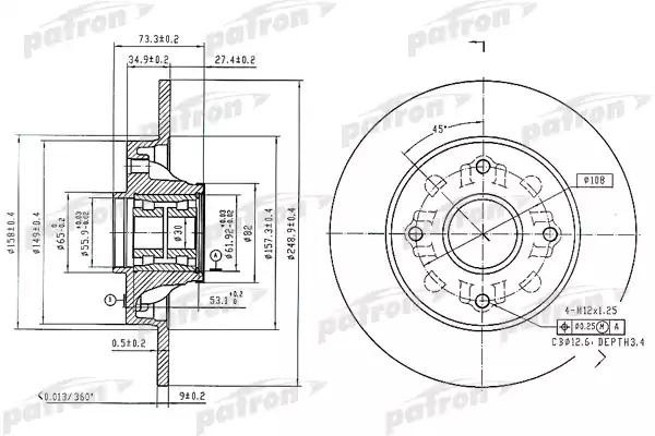 Диск тормозной задн c подшипником и магнитным кольцом сенсора ABS (1 шт.) PBD701 PBD7014 PATRON