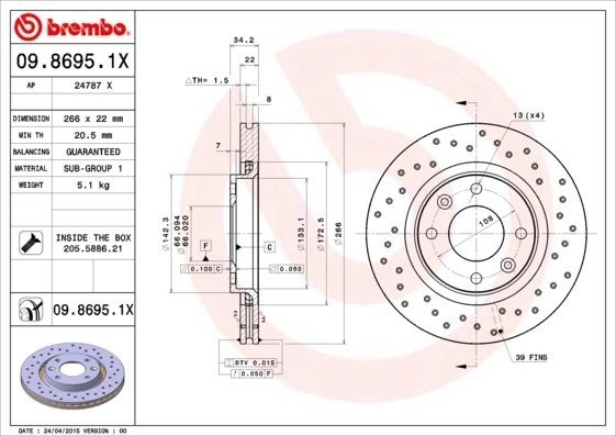 Диск перфорированный Brembo Xtra 09.8695.1X 0986951X BREMBO
