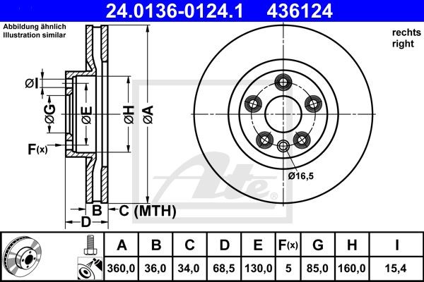 Диск тормозной VW Touareg (11-18) передний правый (1шт.) ATE 24.0136-0124.1 ATE