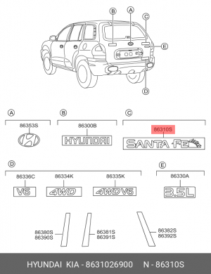 ЭМБЛЕМА ДЕКОРАТИВНАЯ ПЛАСТИКОВАЯ 'SANTA FE' 8631026900 MOBIS