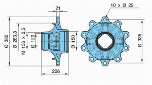Ступица M136x2,5/Ø120/150/D280,8/10xØ22/TK335; ;  в сборе 0980106082 BPW
