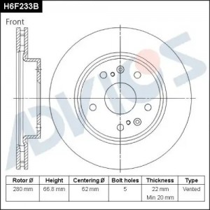 Диск тормозной пер. ADVICS H6F233B H6F233B ADVICS