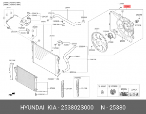 Вентилятор HYUNDAI ix35 (10-) KIA Sportage (10-) (TCI) охлаждения радиатора OE 253802S000 HYUNDAI KIA