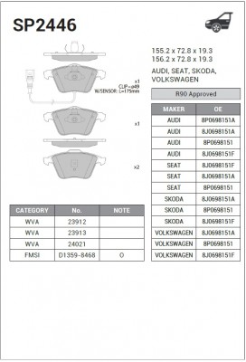 Колодки передние VW GOLF 2008-2013 SP2446 SP2446 SANGSIN