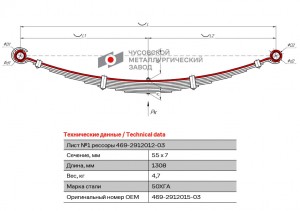 Лист рессоры УАЗ-469 задней №1 L=1250мм ЧМЗ 469291201503 OMK AUTO