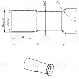 Соединитель труб глушителя - переходник d=45мм/R30/d=56мм L=120 (алюм. сталь) (E EMP 453056 TRIALLI