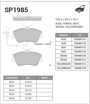 Колодки тормозные дисковые VW T4 2.5/2.4D &Syncro 98-04 диск 15 SP1985 SP1985 SANGSIN