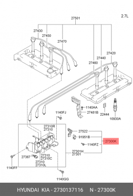 Катушка зажигания HYUNDAI Santa Fe (00-) (2.7) в сборе (с кронштейном) OE 2730137116 HYUNDAI KIA