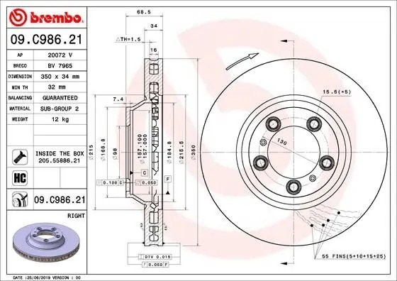 Диск тормозной 09.C986.21 правый 09C98621 BREMBO