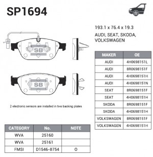 Колодки передние AUDI A8 (4H), Q5 SP1694 SP1694 SANGSIN