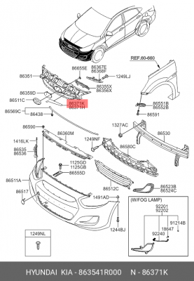 Накладка HYUNDAI Solaris (10-) облицовки радиатора правая (хром) OE 863541R000 HYUNDAI KIA