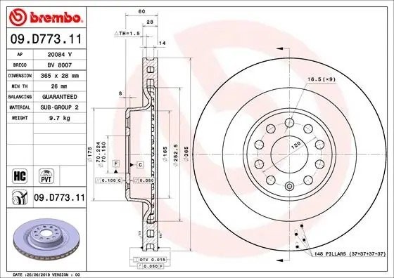 Диск тормозной 09.D773.11 09D77311 BREMBO