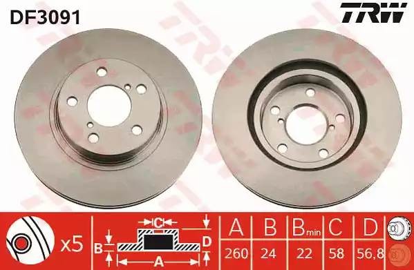 Диск тормозной передний SUBARU IMPREZA (GC, GD, GG, GR, GH, G3) LEGASY II-III DF DF3091 TRW