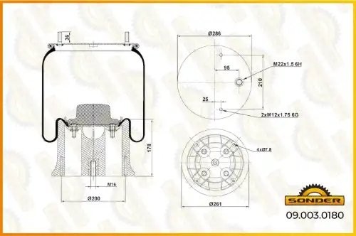Пневморессора со стаканом пластик 2 шп. смещ. взод. SAF 090030180 SONDER
