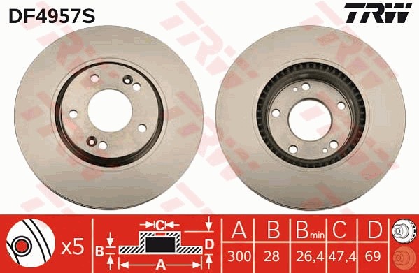 Диск тормозной HYUNDAI i30 (07-) KIA Soul,Ceed (13-) (1.6) (R16) передний (1шт.) DF4957S TRW
