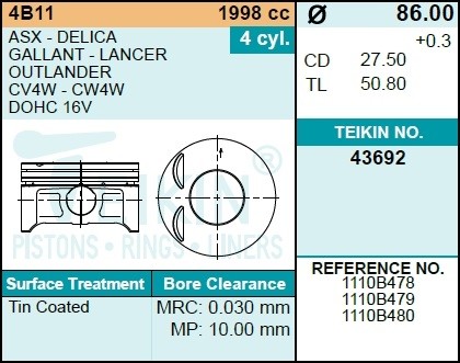 к-кт поршней! STD (4 шт.)\ Mitsubishi ASX/Lancer 1.8/2.0 06> 43692STD TEIKIN