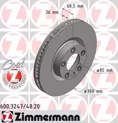 диск тормозной !перед.прав. 360x36/68-5x130 \ Porsche Cayenne, VW Touareg 3.0-4. 600.3248.20 ZIMMERMANN