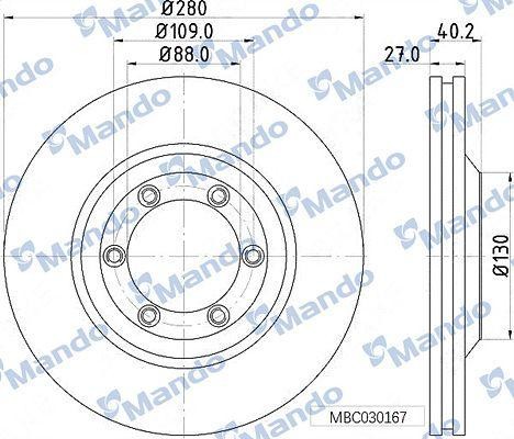 Диск тормозной HYUNDAI Getz (02-) (R13) передний (1шт.) MANDO MBC030168 MANDO