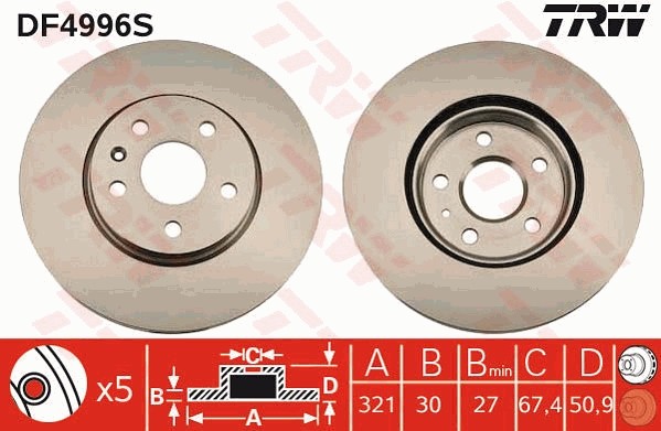 Диск тормозной передний OPEL INSIGINIA 17" (321мм) DF4996S DF4996S TRW