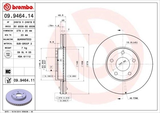 Диск тормозной 09.9464.11 09.9464.11 BREMBO