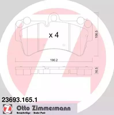 колодки дисковые !перед. 190x106x16 \ VW Touareg 3.2i/4.2i/2.5TDi/5.0TDi 02> 23693.165.1 ZIMMERMANN