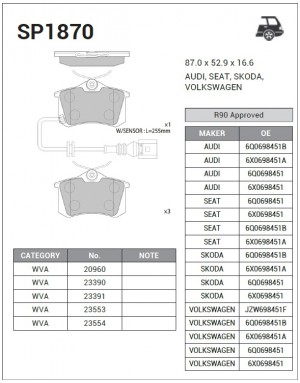 Колодки тормозные VW AUDI SEAT SKODA задние (4шт.) SANGSIN SP1870 SANGSIN