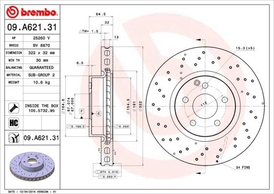 Диск тормозной перфорированный 09.A621.31 09.A621.31 BREMBO