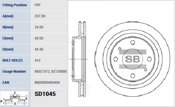 Диск тормозной HYUNDAI SONATA (EF) 2.0-2.5 98-01/SONATA (NF) 2.4 05- передний SD SD1045 SANGSIN