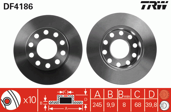 Диск тормозной задний AUDI A4 (B6, B7) DF4186 DF4186 TRW