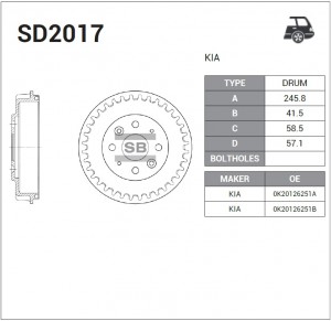 Барабан тормозной KIA Spectra (05-09) задний (1шт.) SANGSIN SD2017 SANGSIN