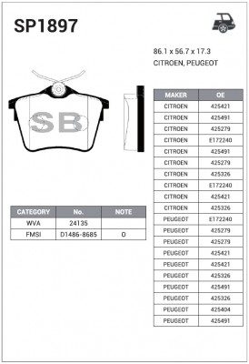 Колодки задние CITROEN C5 III 08-, PEUGEOT 407 05- SP1897 SP1897 SANGSIN
