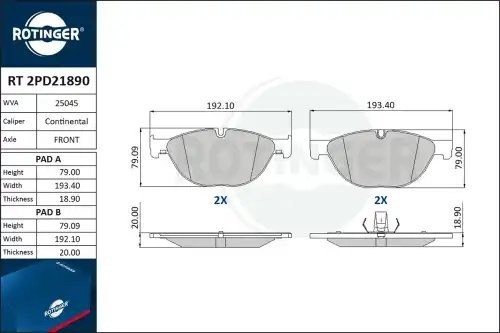Колодки тормозные дисковые без датчика износа RT2PD21890 RT 2PD21890 ROTINGER