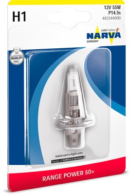 Лампа 12V H1 55W P14.5s +50% блистер (1шт.) Range Power 50+ NARVA 483344000 NARVA